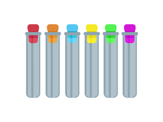 Set of test tubes with colored stoppers filled, laboratory clinical research - vector, color illustration