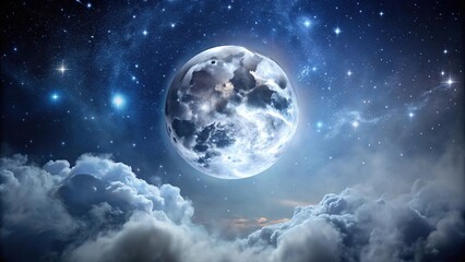 Fototapeta premium Low angle shot of the full moon in a dark night sky with stars and silvery mist, starry sky, lunar landscape, atmospheric effect, space, celestial body