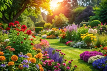 Fototapeta premium Lush greenery and vibrant flowers in a garden on a warm summer day, peaceful atmosphere, summer garden