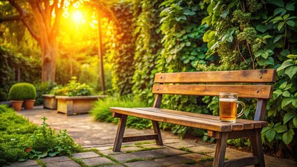 Obraz premium Lush greenery surrounds a rustic wooden bench in a cozy beer garden setting, bottles, greenery, lawn