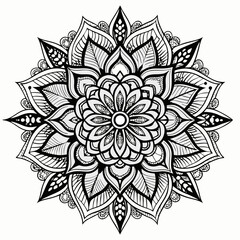 Detailed Black and White Mandala with Geometric and Floral Patterns