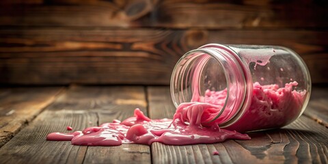 Macro view of pink slime dripping from a broken glass jar on a wooden background, liquid spill, texture contrast, spills mess