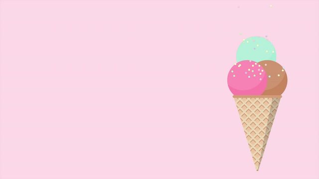 Sweet ice cream animation. Ice cream cone animation. Ice cream cone with topping and colorful sprinkles