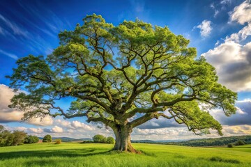 Obraz premium Mature oak tree with gnarled branches and twisted trunk standing alone in a field on a sunny day, countryside, oak tree