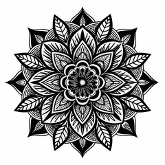 Detailed Black and White Mandala with Geometric and Floral Patterns