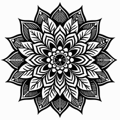 Detailed Black and White Mandala with Geometric and Floral Patterns