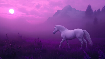 Fototapeta premium Elegant white horse moving across green field and mountains picture