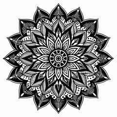 Detailed Black and White Mandala with Geometric and Floral Patterns