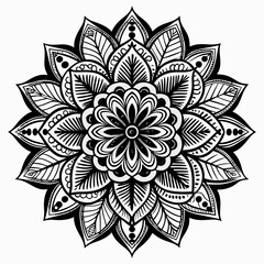 Elegant Symmetrical Black and White Mandala with Floral and Geometric Details
