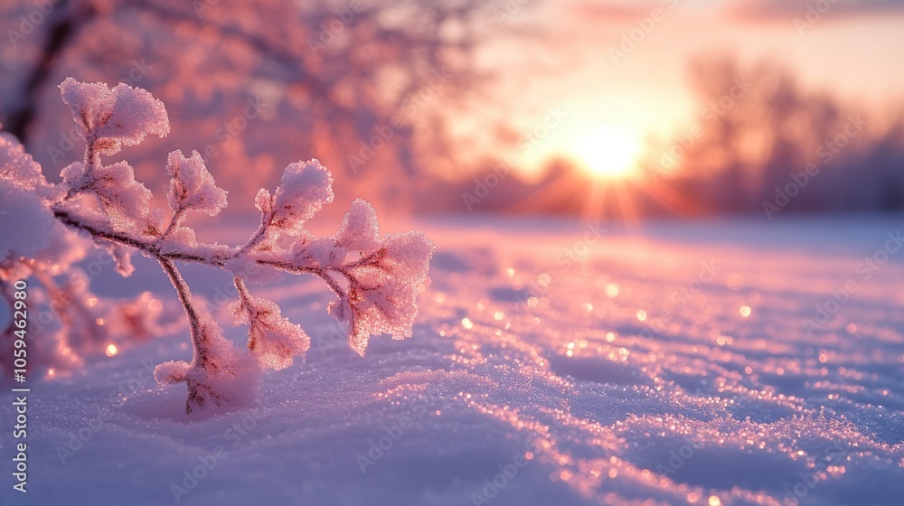 Poster delicate frost-covered branches glisten in the soft light of dawn on a winter morning, creating a tr