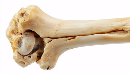 Fototapeta premium Isolated fibula bone resting on solid white background showcasing human skeletal anatomy and structure.