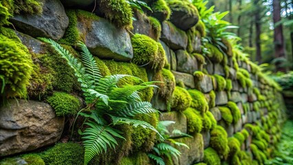 Moss-covered stone wall with mosses and ferns, plant life, moss, ferns