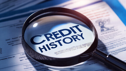 A magnifying glass floating over the words "CREDIT HISTORY" on a paper. Business concept