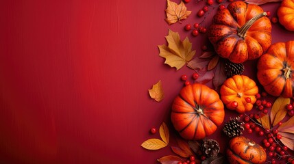 Autumn-themed decorations with pumpkins, berries, leaves; ideal for Halloween or Thanksgiving with space for text.