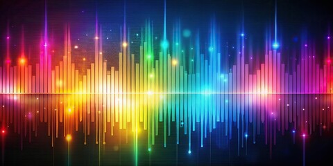 Music waveform background with vibrant colors and abstract patterns, neon lights, music wave, rhythmic patterns, geometric shapes