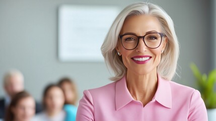 Professional portrait of a smiling business person wearing glasses, exuding confidence and approachability, with a softly blurred coworker in the background, as collaborative office environment