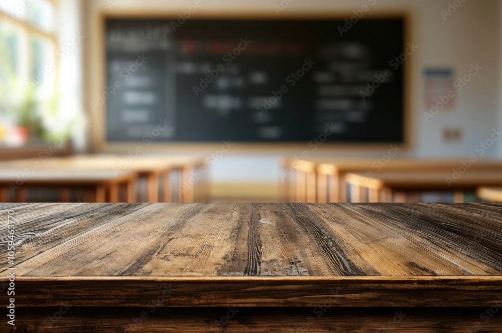 Poster empty wooden table top with a blurred background of a modern school classroom, suitable for product 