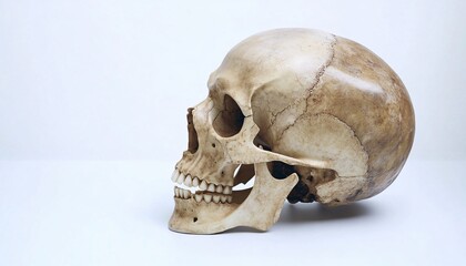 Obraz premium Isolated human skull on solid white background, showcasing intricate bone structure and details, emphasizing the human bone concept in a stark and clear presentation.