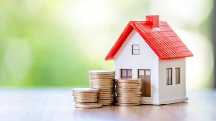 Affordable housing investment with coins stacked beside model house