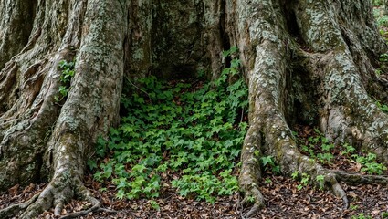 Vibrant green vines embracing an old majestic tree trunk