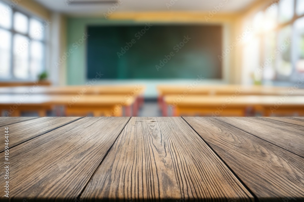 Poster empty wooden table top with blurred background of modern school classroom and blackboard