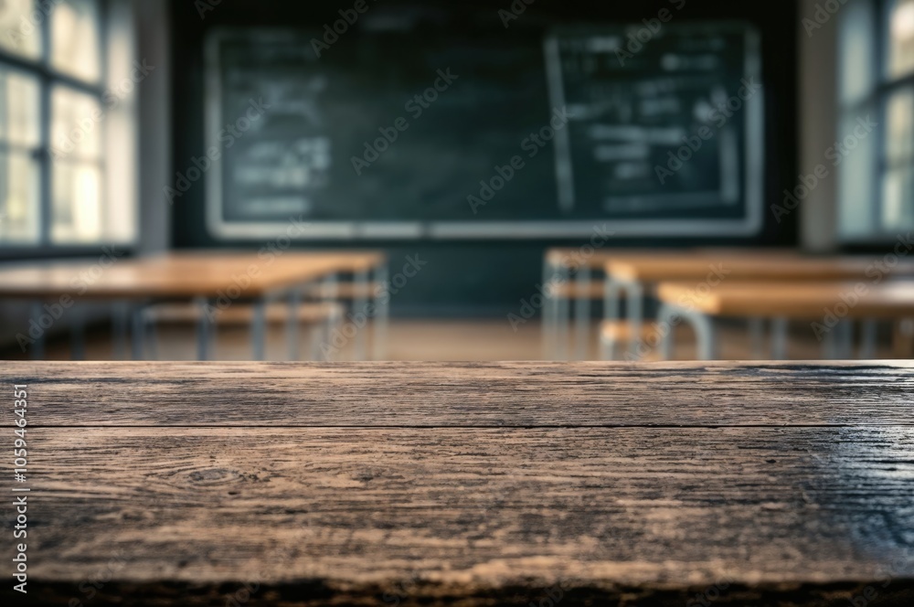Poster Empty wooden table top with blurred classroom background for display