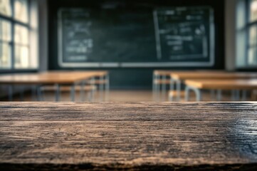 Empty wooden table top with blurred classroom background for display