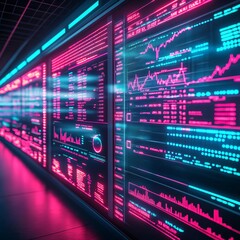 Naklejka premium Corporate investment tracking, digital hologram display, neon lighting