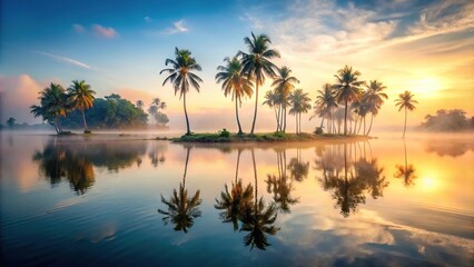 Fototapeta premium Palm trees sway in the wind on a tranquil island lake at dawn with mist rising from the water, scenery, natural, lakes, palm trees