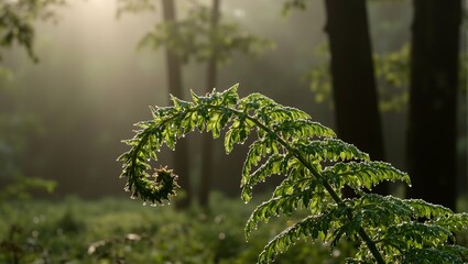 Fototapeta premium Tender fern leaves unfurling in morning dew