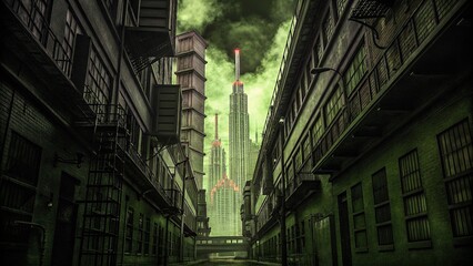 Fototapeta premium Vintage Cyberpunk Cityscape: Surreal 3D Abstract Art with Neon Lights and Pink Smoke Clouds
