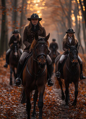 Obraz premium Riders on horseback in a serene autumn forest. Four riders on horseback navigate a tranquil forest path, surrounded by colorful autumn foliage and soft golden light.