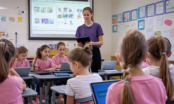 A teacher instructs students using tablets in a classroom setting.