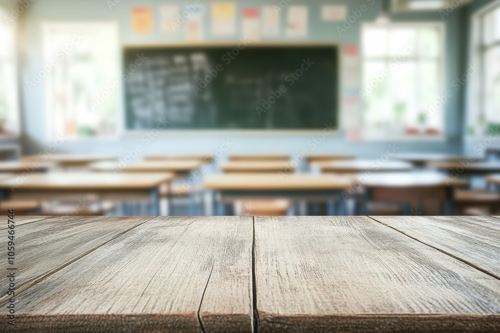 Aufkleber classroom setting with empty desks, a chalkboard, and a wooden table in the foreground
