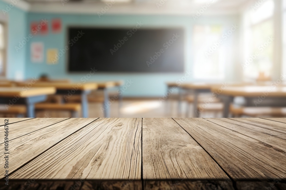 Poster Wooden table with a blurred classroom background featuring a chalkboard and empty desks.