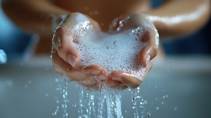 Fototapeta premium A close-up image of hands holding sudsy water, emphasizing cleanliness and hygiene, Ideal for articles or advertisements related to personal care, cleanliness, or skincare products,