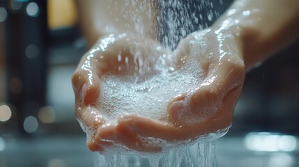 Fototapeta premium Hands cupped under running water capture droplets and bubbles, emphasizing cleanliness and hydration, Ideal for health, hygiene, skincare, or wellness topics,