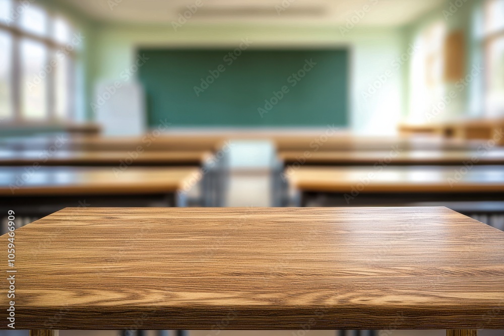 Poster wooden classroom desk stands in focus, with rows of empty desks leading to a chalkboard in a bright