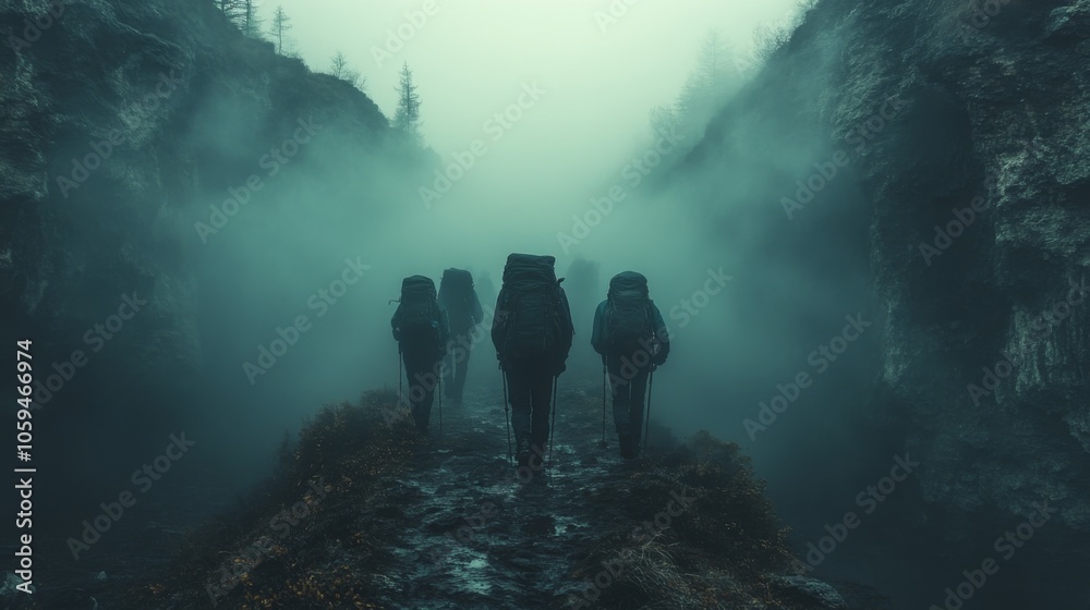 Poster a group of hikers walks along a narrow, rocky path through a foggy canyon, surrounded by tall cliffs
