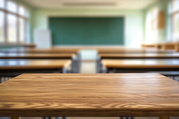 Wooden classroom desk stands in focus, with rows of empty desks leading to a chalkboard in a bright