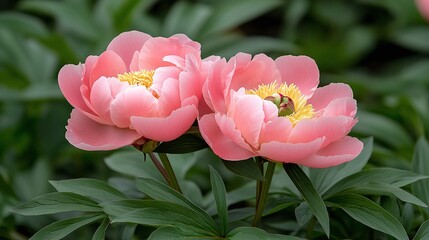 Fototapeta premium Vibrant Peonies Amidst Swirling Greenery Lush pink peonies with soft, layered petals, set against a background of swirling greens and watercolor-style foliage, creating a dreamy, abstract garden feel.