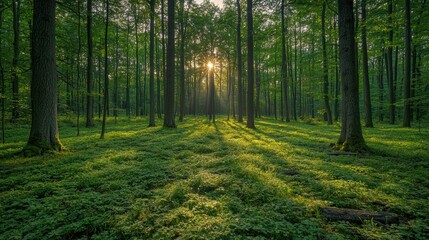 Fototapeta premium Sunlight Streaming Through Trees in Dense Forest