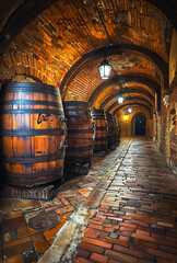 Obraz premium Wooden barrels line the winery hallway. A dimly lit corridor features wooden barrels against a brick wall