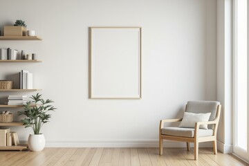 Minimalist Living Space with Cozy Armchair, Shelves Filled with Books, and Greenery for Serene Relaxation