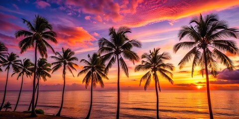 Obraz premium Silhouetted palm trees stand tall against a vibrant orange and pink sky as the sun sets slowly over the ocean horizon in a serene tropical landscape, sunset, palm trees, sea, landscape, shore