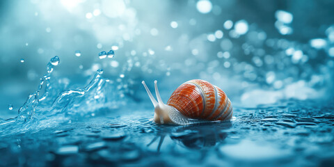 Achatina Snail with Water Splashes and drops. Mucin Snail Hydration cosmetics, 3d background with copy space  