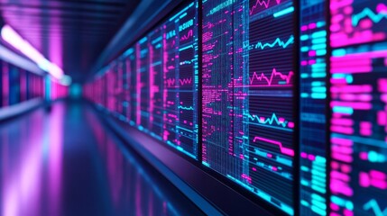 Holographic budget analysis, neon-lit corporate office, futuristic finance