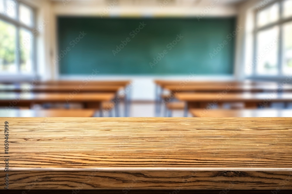Poster wooden desk in front of an empty classroom with a green chalkboard and rows of wooden desks in the b