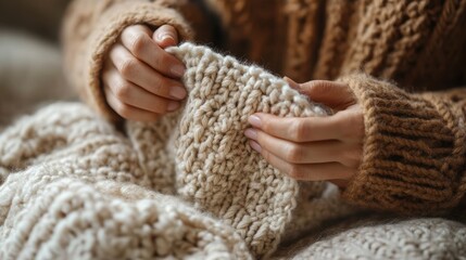 A cozy close-up of hands crafting a beige knitted piece, ideal for art, crafting, or home decor projects, This image evokes warmth and creativity