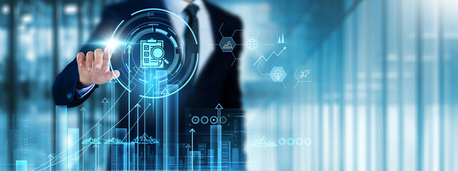 Assessment: Businessman touch assessment analyzing graph performance metrics, data analysis, progress tracking, feedback, evaluation criteria, improvement strategies, goal setting, action plans.